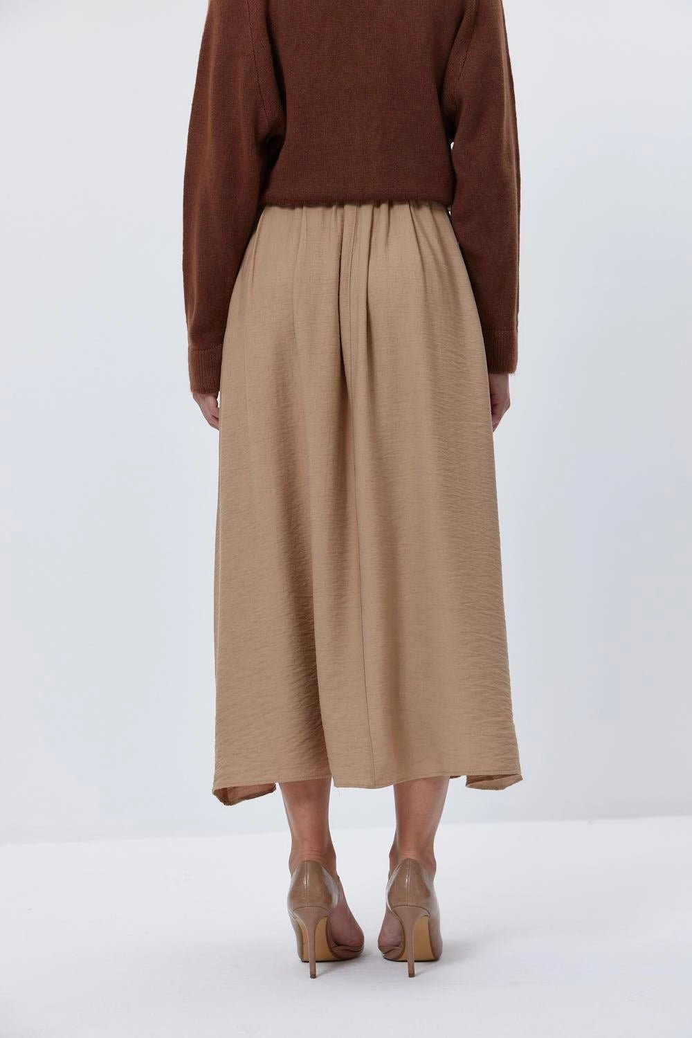 Light Brown Midi Skirt with Elastic Waist - Lebbse