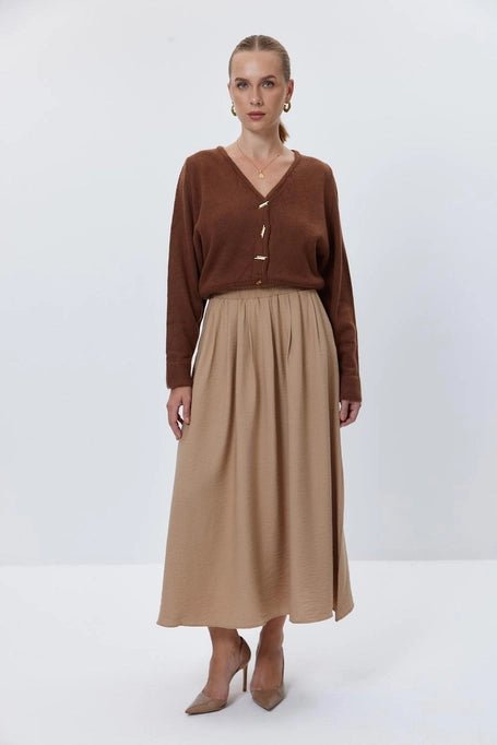 Light Brown Midi Skirt with Elastic Waist - Lebbse