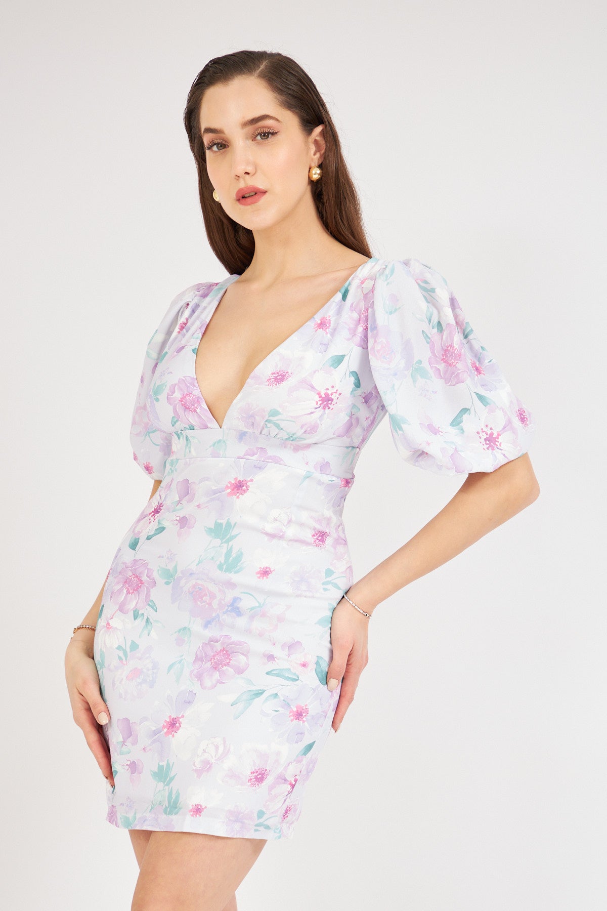 3- فستان قماش بوليستر بنقشة الليلك الزهرية - Lilac Floral Patterned Dress