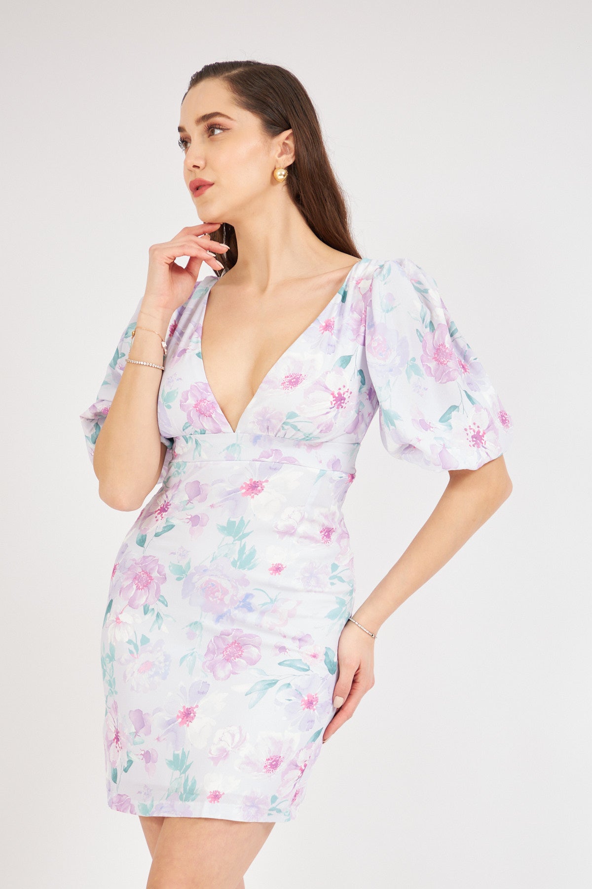 2- فستان قماش بوليستر بنقشة الليلك الزهرية - Lilac Floral Patterned Dress