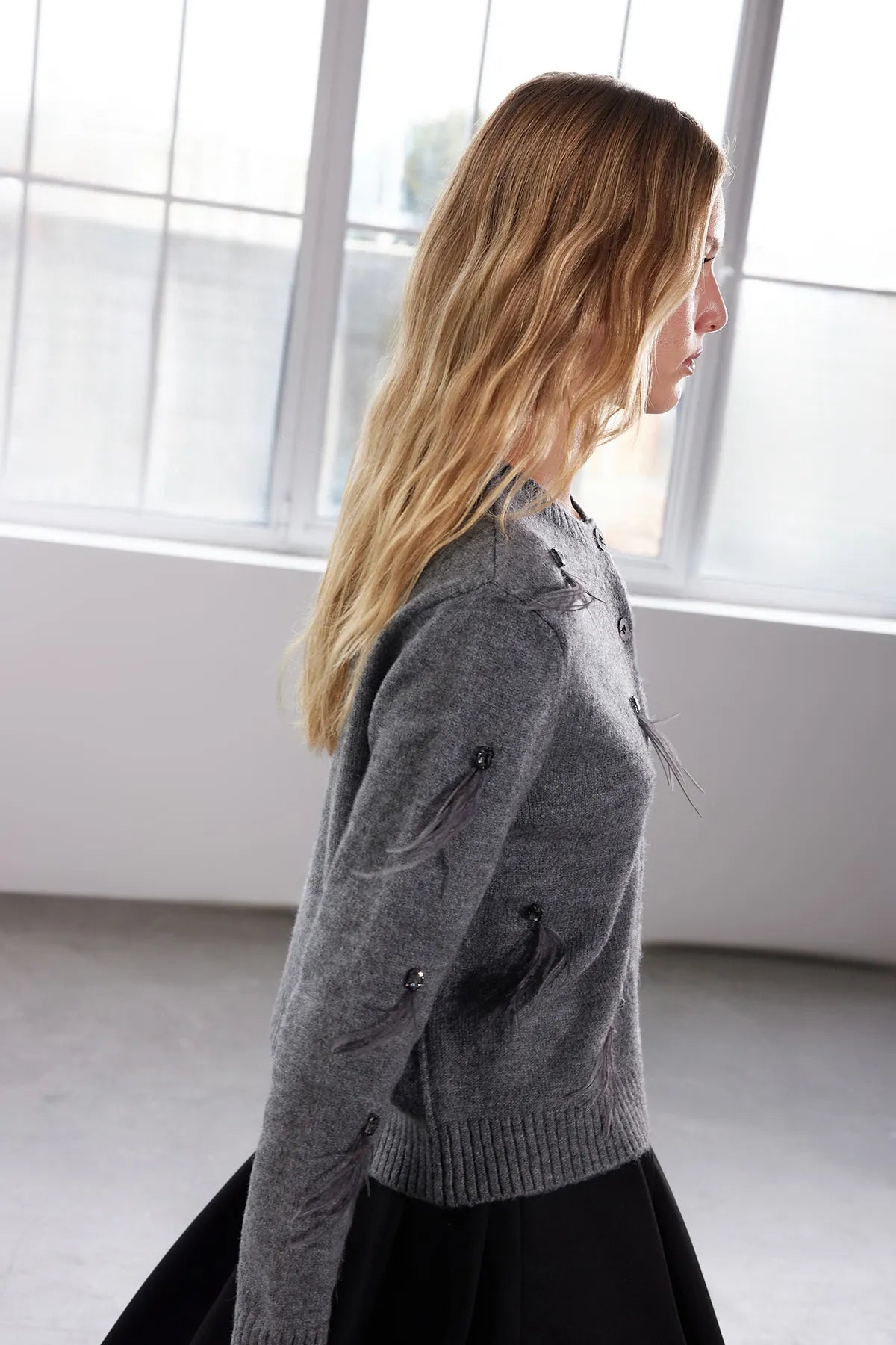 Limited Edition Anthracite Soft Texture Stone and Feather Detailed Knitted Cardigan - Lebbse