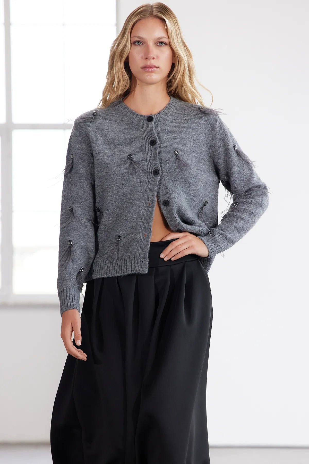 Limited Edition Anthracite Soft Texture Stone and Feather Detailed Knitted Cardigan - Lebbse