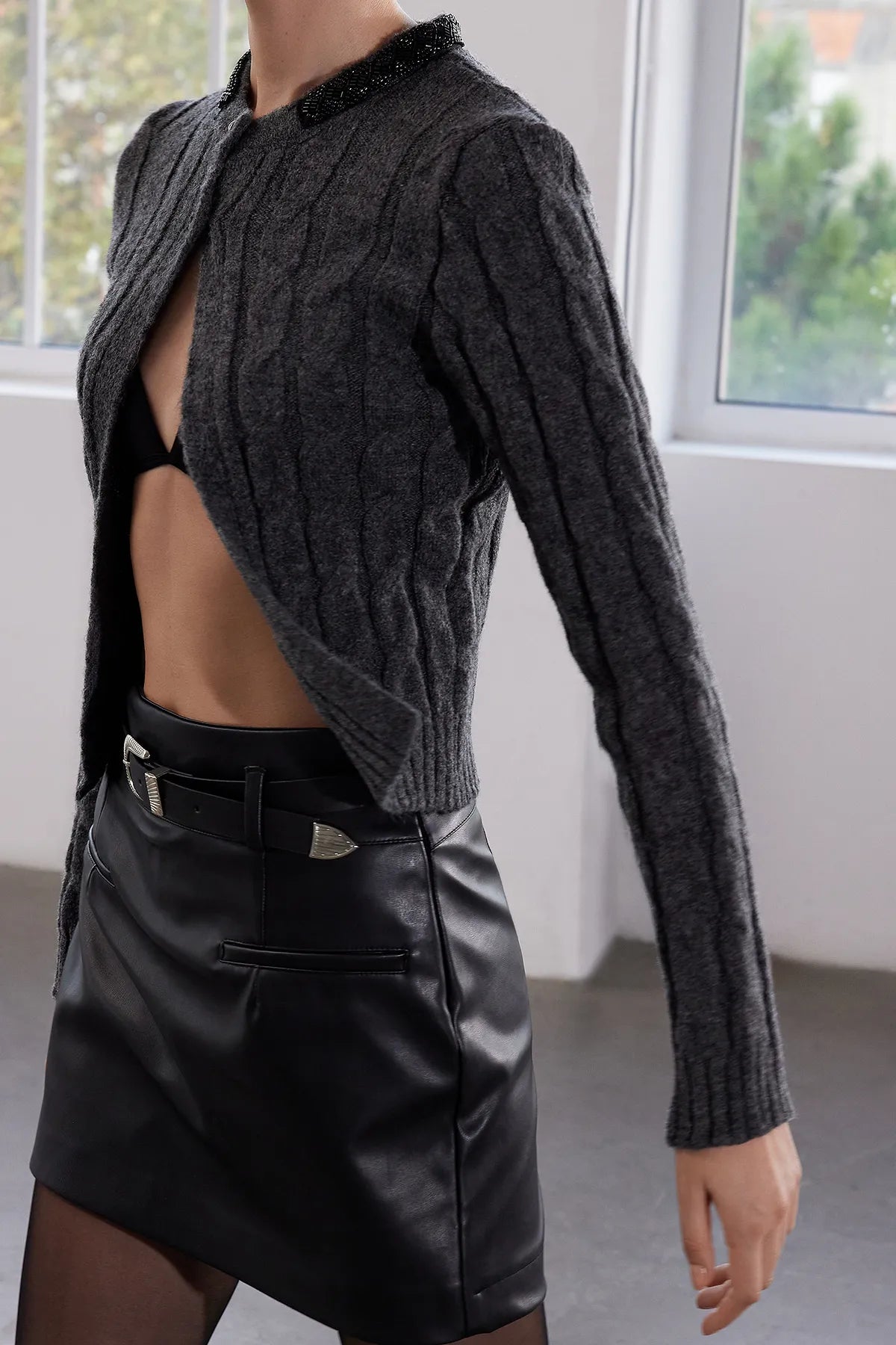 Limited Edition Anthracite Soft Textured Hair Knitted Sweater - Lebbse