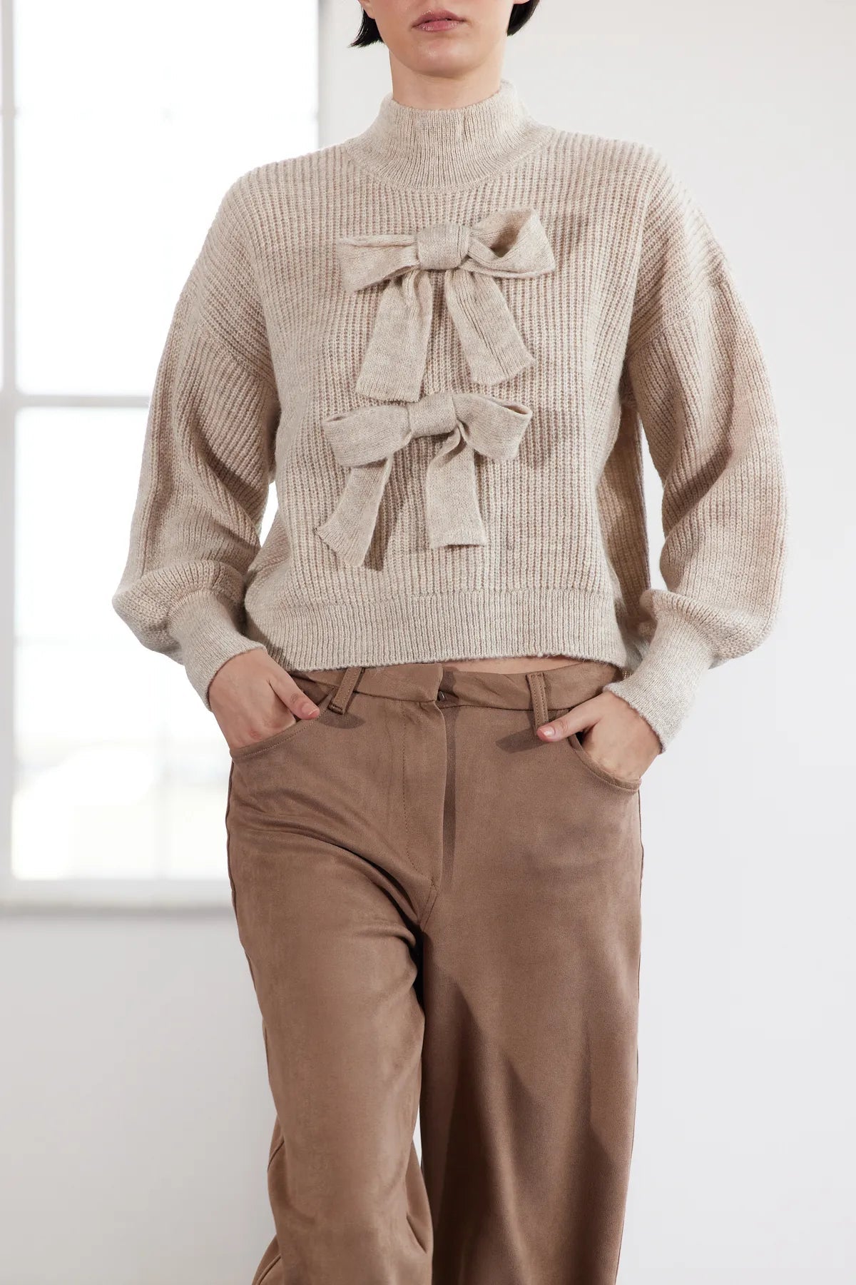 Limited Edition Beige Wide Pattern Soft Texture Ribbon/Bow Detailed Knit Sweater - Lebbse