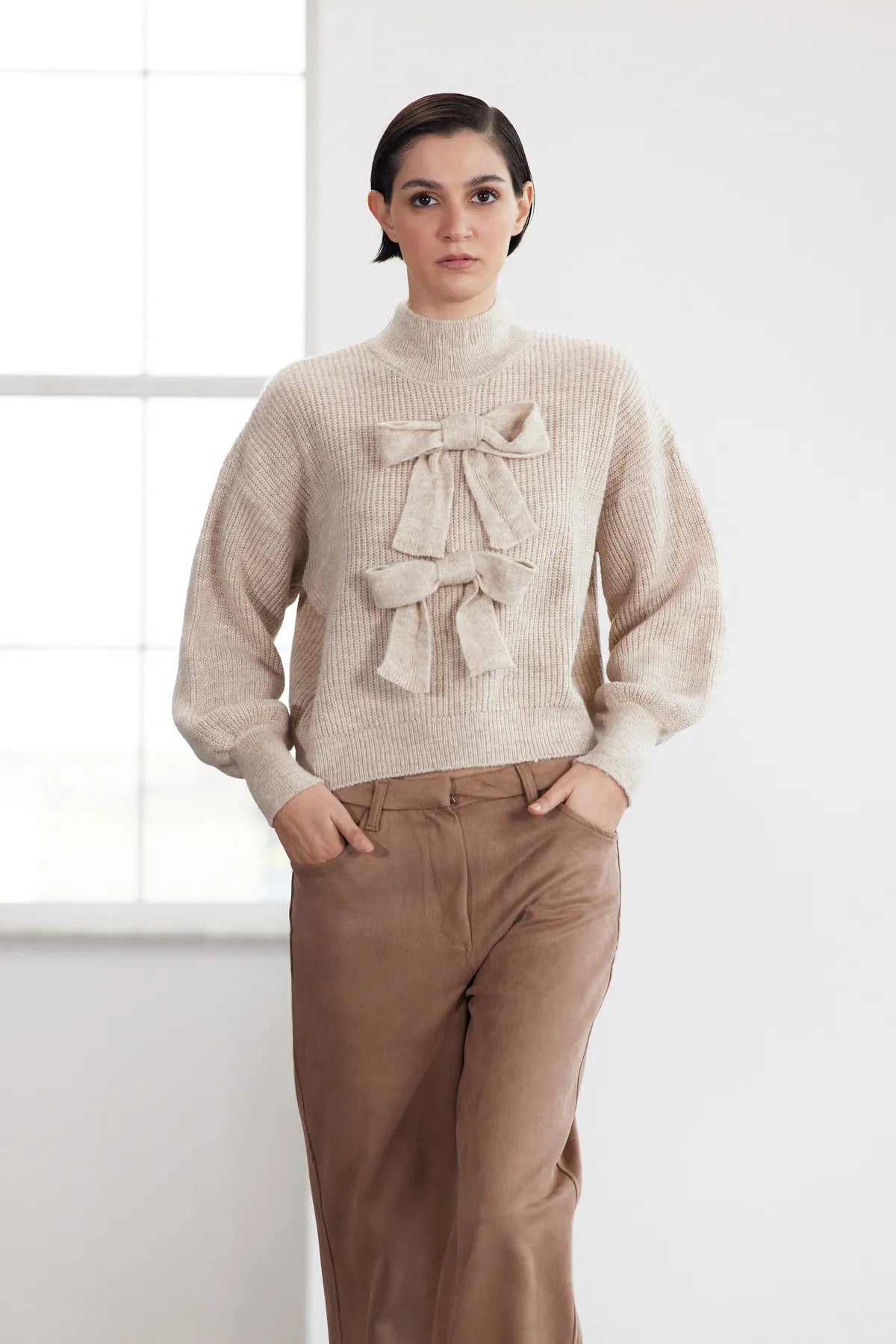 Limited Edition Beige Wide Pattern Soft Texture Ribbon/Bow Detailed Knit Sweater - Lebbse