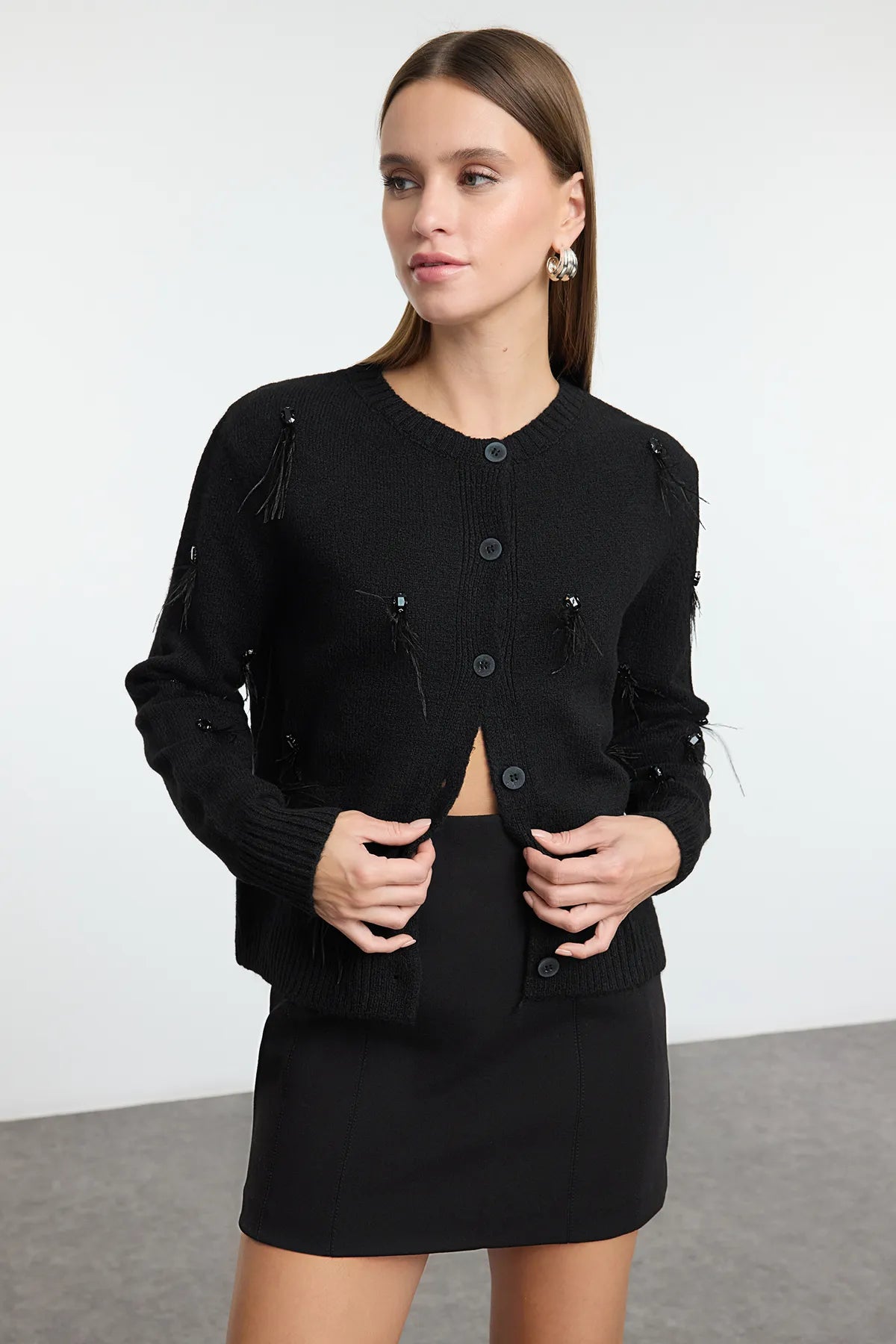 Limited Edition Black Stone and Feather Detailed Knitted Cardigan - Lebbse