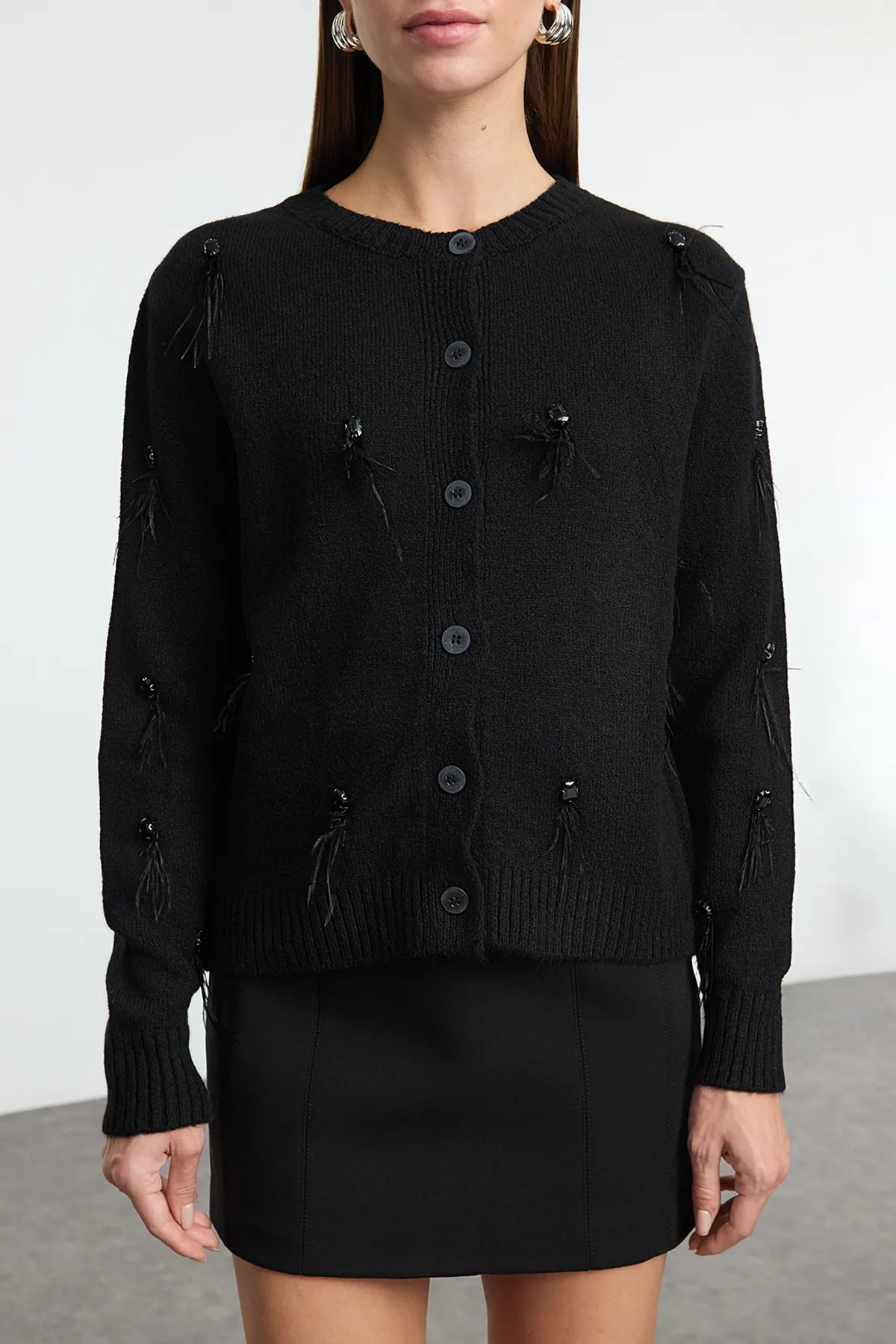 Limited Edition Black Stone and Feather Detailed Knitted Cardigan - Lebbse