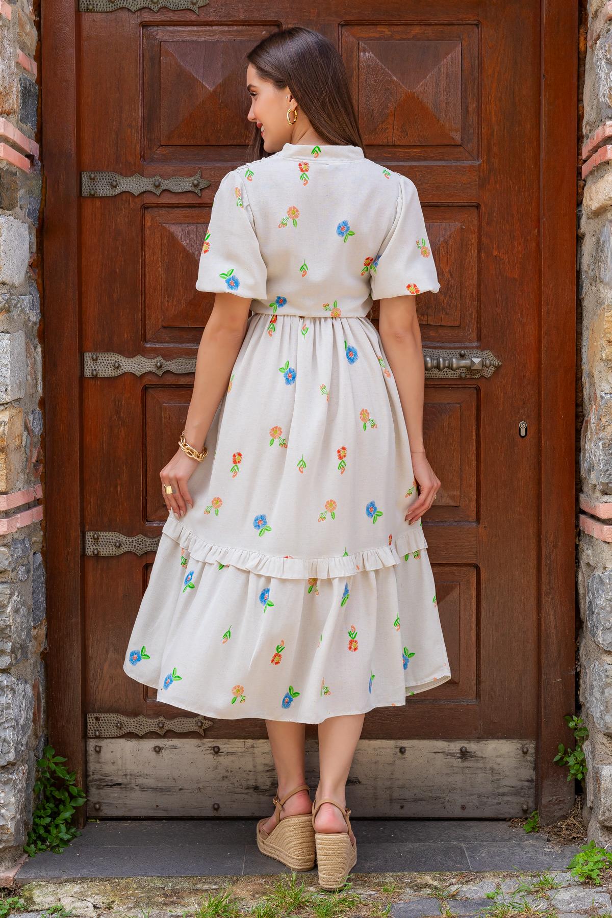 Linen Flower Pattern Dress - STONE - Lebbse