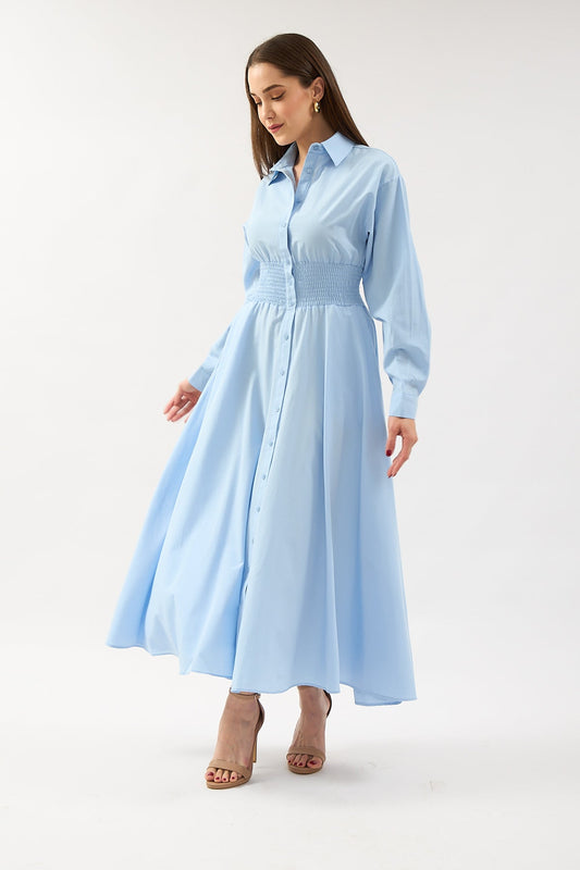 Long Sleeve Buttoned Dress Light Blue - Lebbse