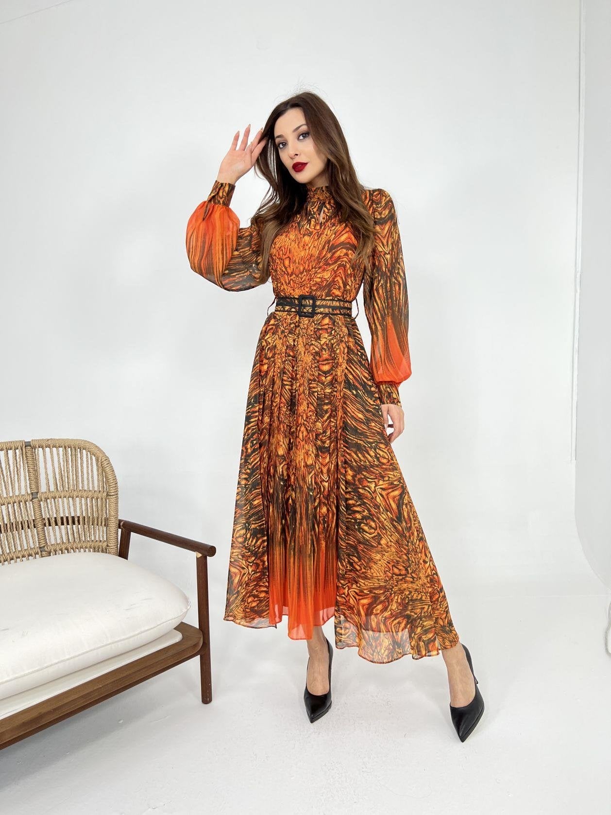 Long Sleeve Chiffon Dress Orange - Lebbse