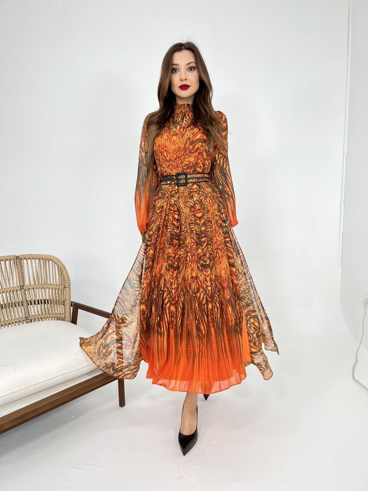 Long Sleeve Chiffon Dress Orange - Lebbse