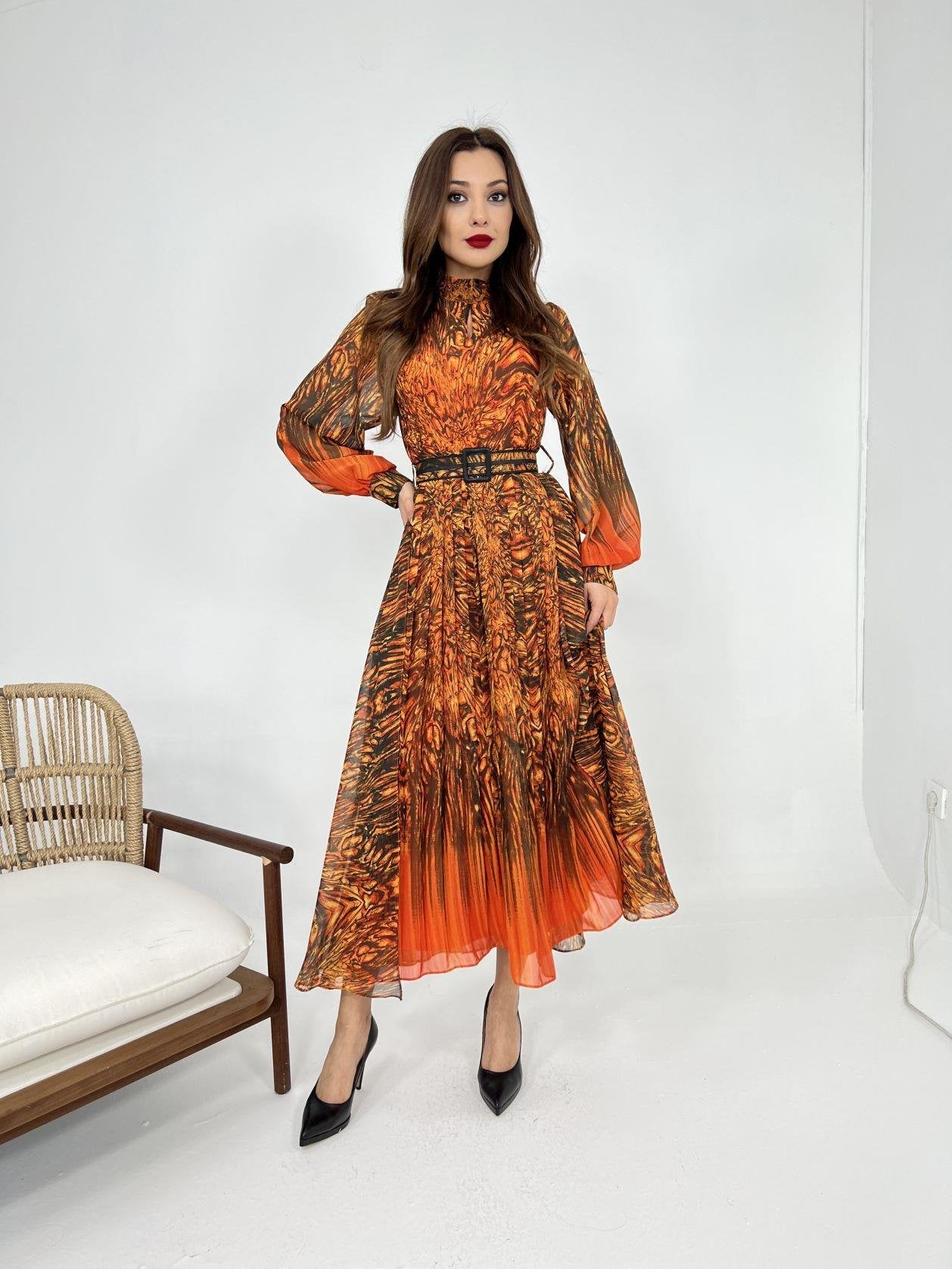 Long Sleeve Chiffon Dress Orange - Lebbse