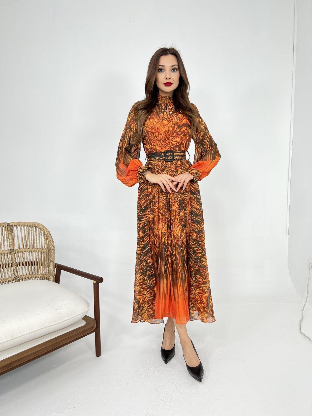 Long Sleeve Chiffon Dress Orange - Lebbse