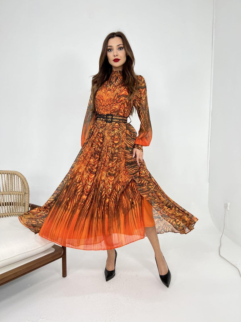 Long Sleeve Chiffon Dress Orange - Lebbse