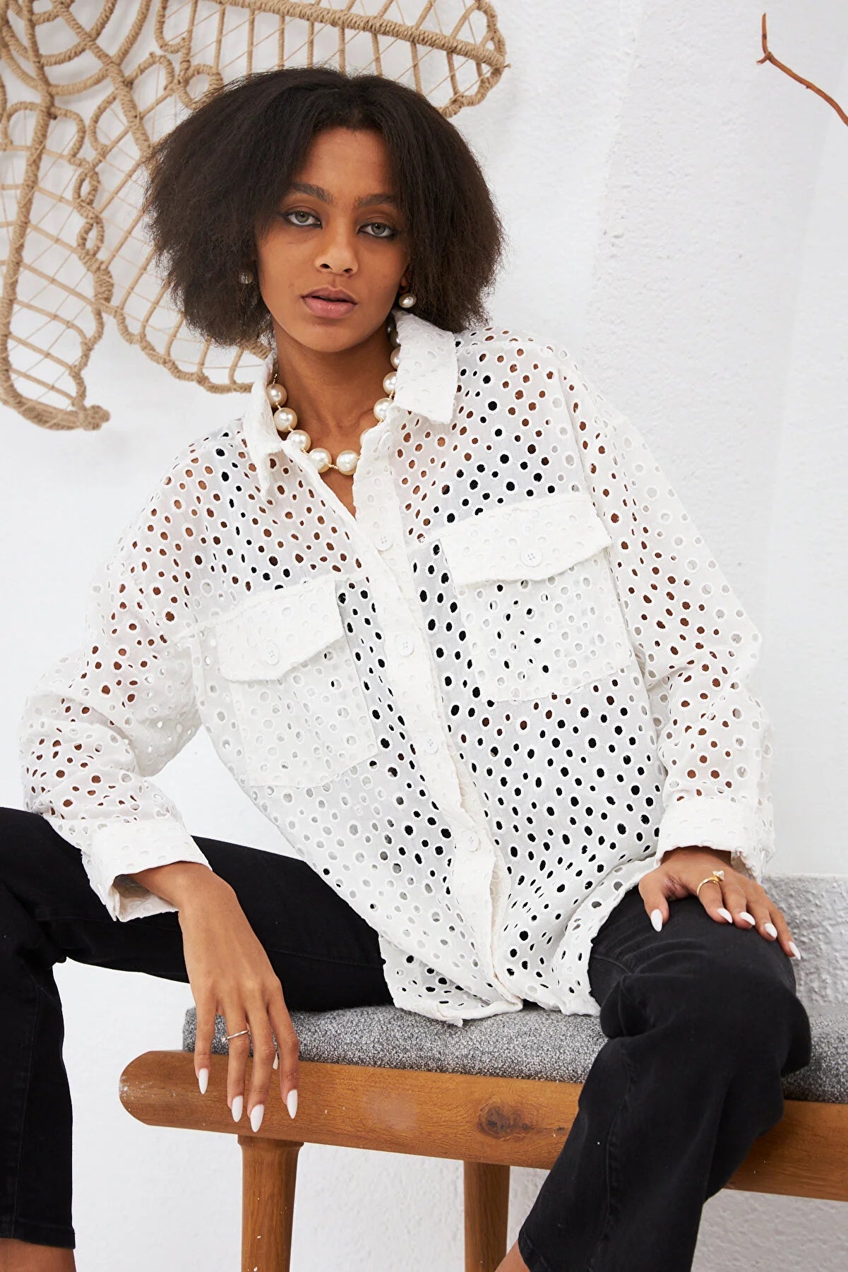 Long Sleeve Shirt with Perforated Lace and Double Pockets - Lebbse