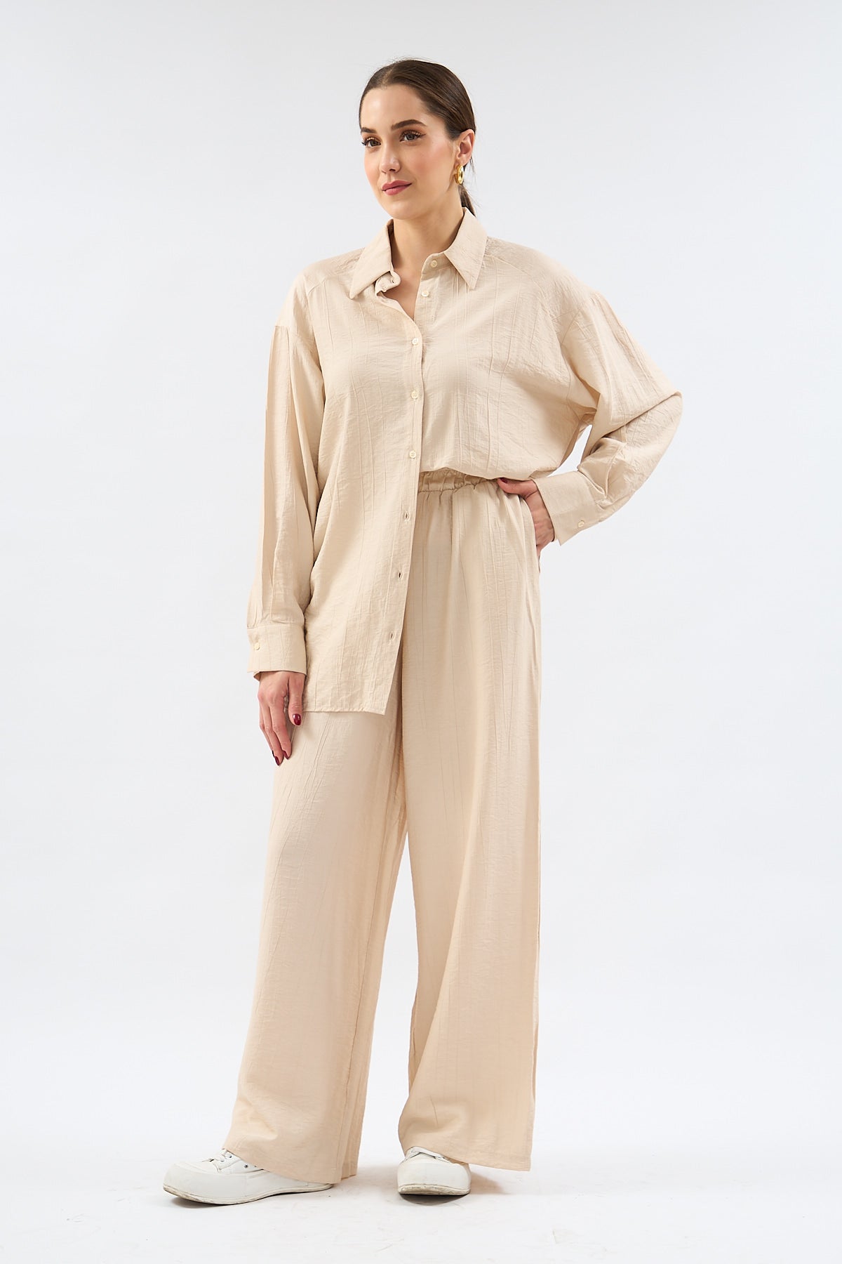 Loose Cut Trousers Shirt Set - BEIGE - Lebbse