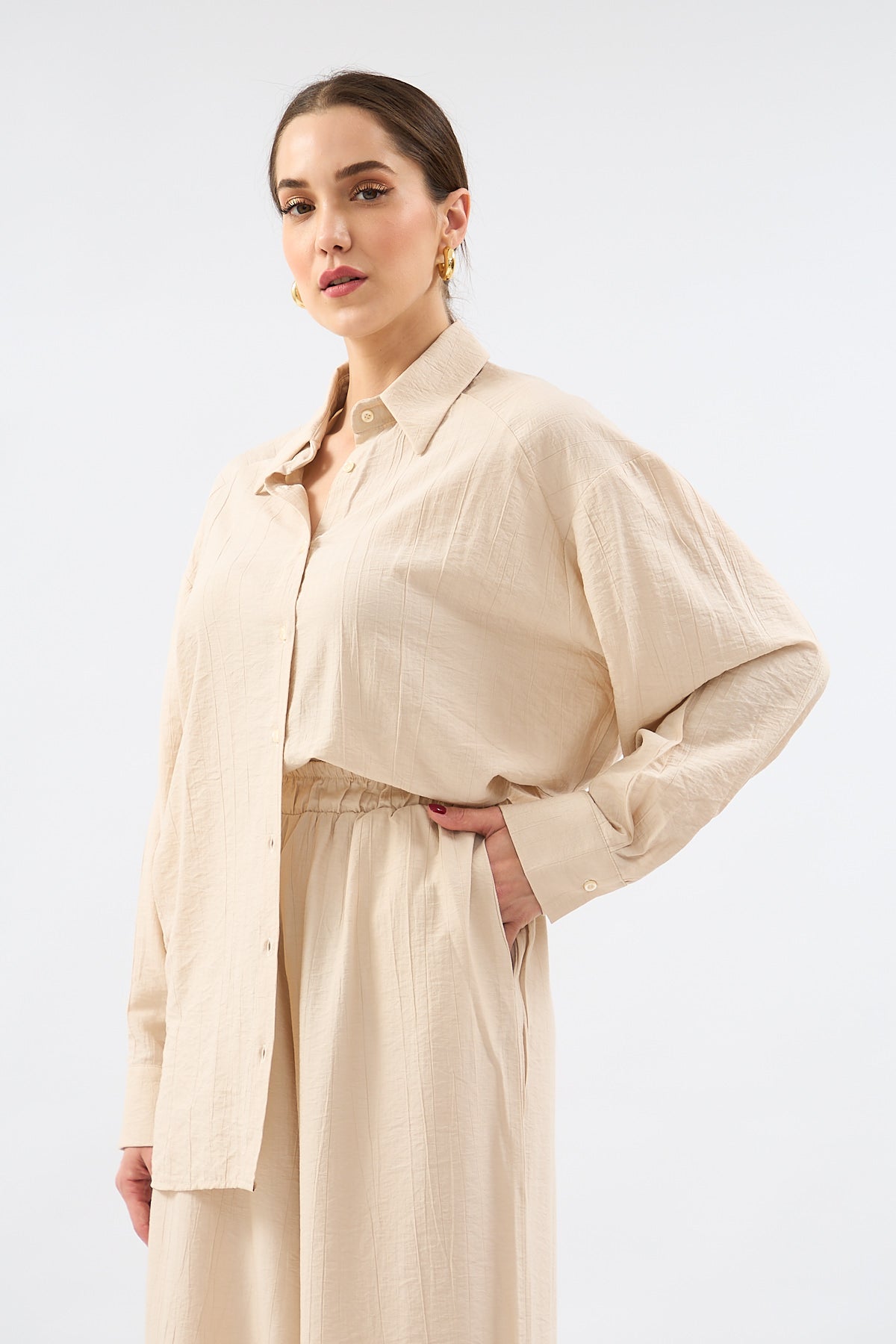 Loose Cut Trousers Shirt Set - BEIGE - Lebbse