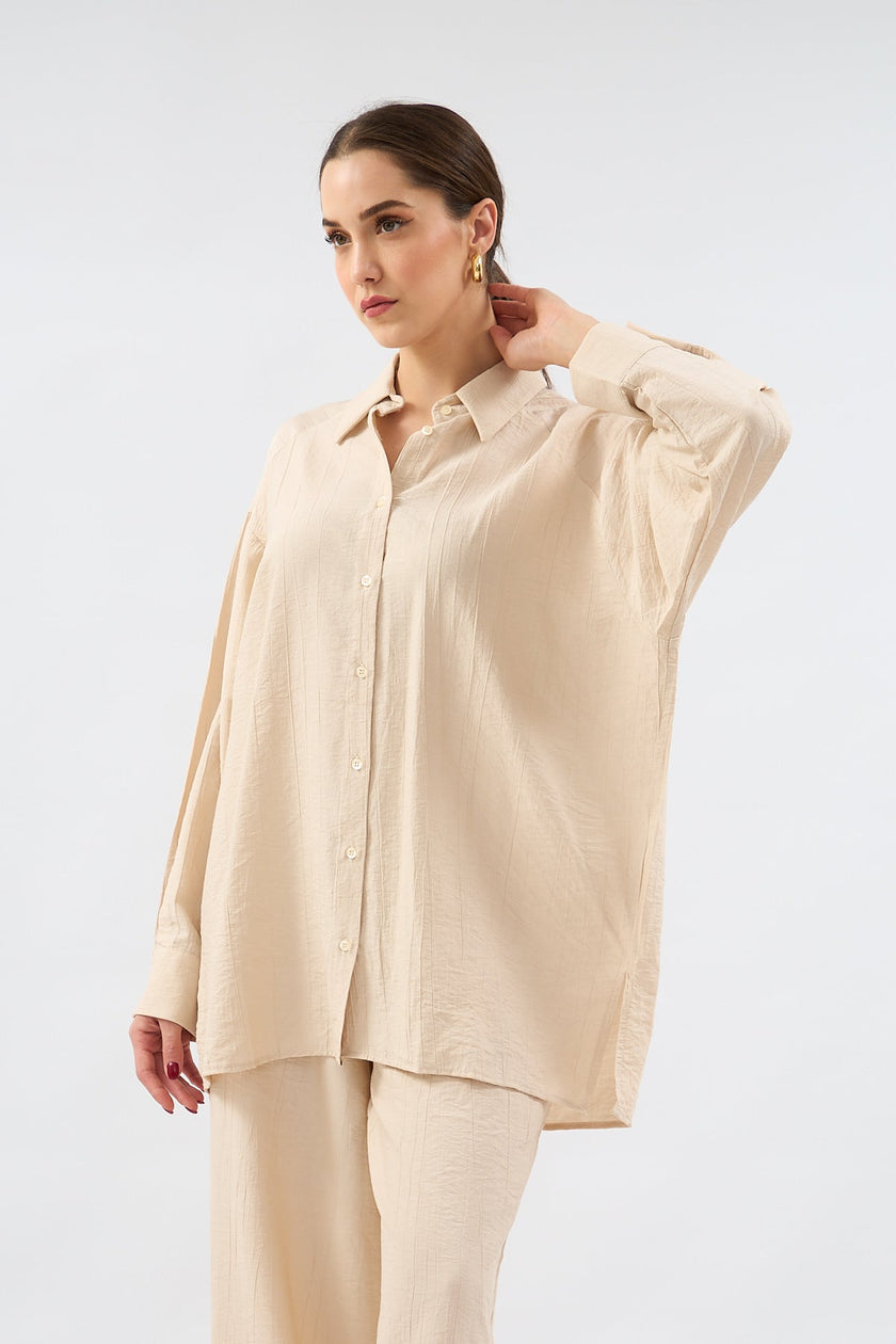 Loose Cut Trousers Shirt Set - BEIGE - Lebbse