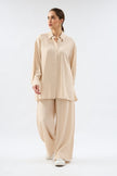 Loose Cut Trousers Shirt Set - BEIGE - Lebbse