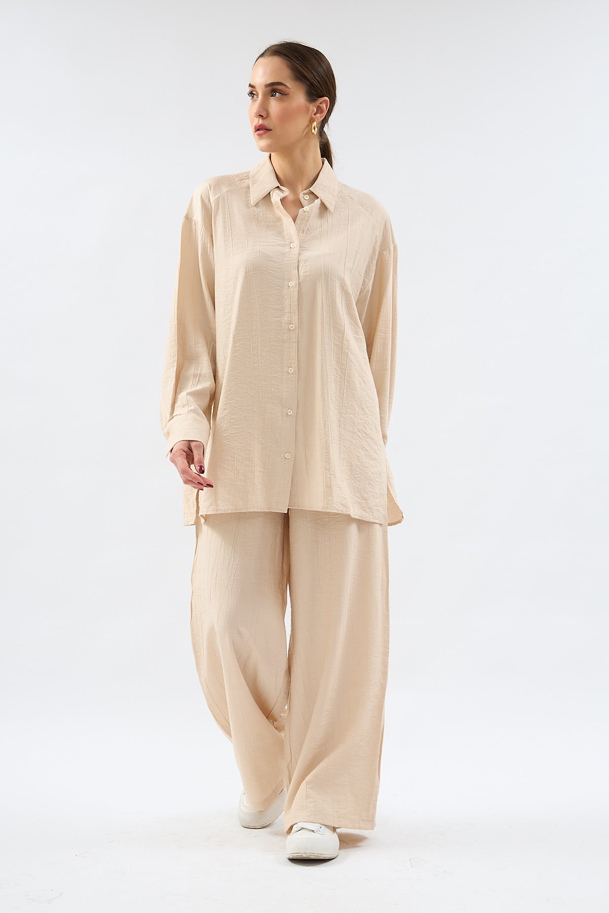 Loose Cut Trousers Shirt Set - BEIGE - Lebbse