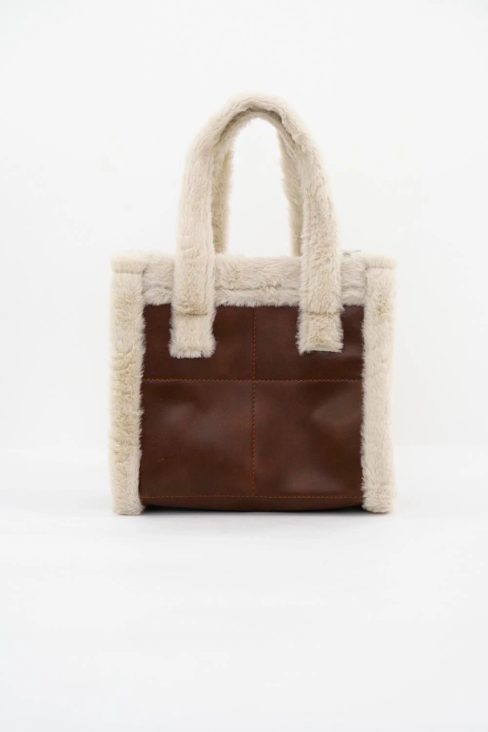 Lowell Faux Leather Fur Detail Brown Women's Shoulder Bag - Lebbse