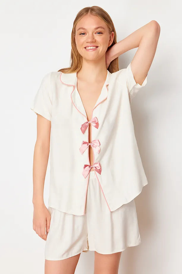 White Ribbon/Bow and Piping Detailed Viscose Shorts and Woven Pajama Set