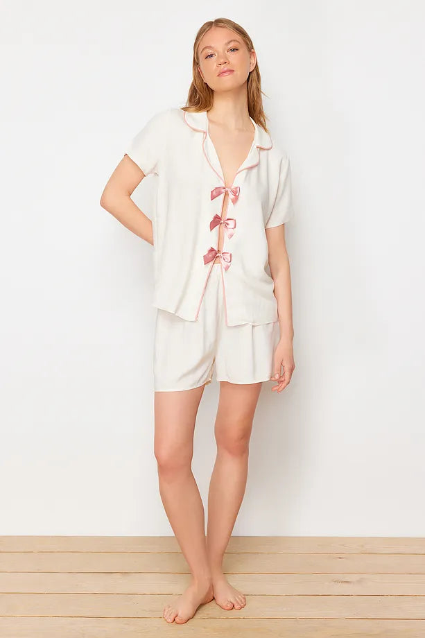 White Ribbon/Bow and Piping Detailed Viscose Shorts and Woven Pajama Set