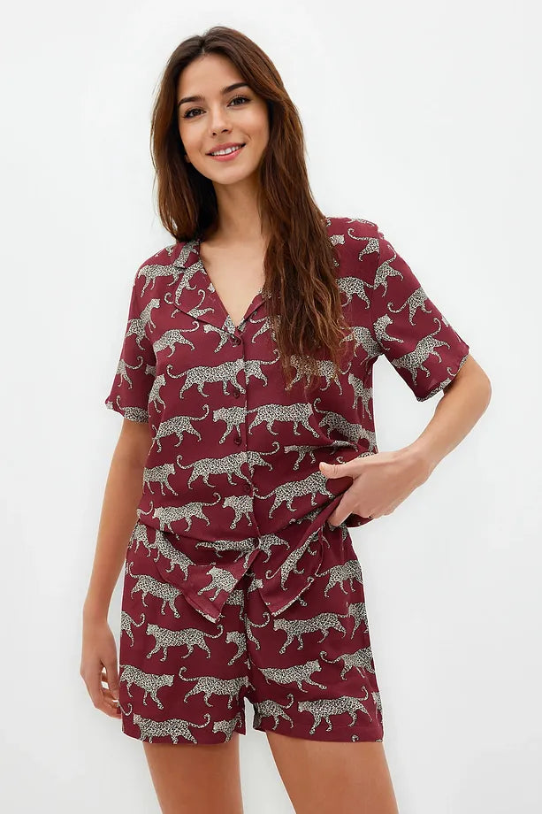 Burgundy Patterned Viscose Woven Pajama Set with Shorts