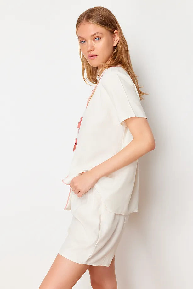 White Ribbon/Bow and Piping Detailed Viscose Shorts and Woven Pajama Set