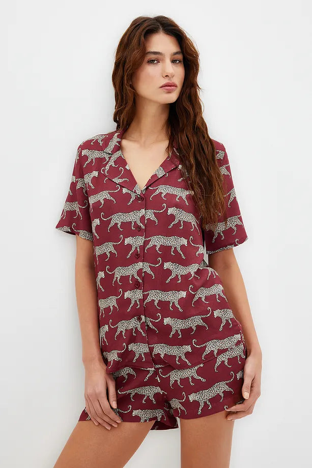 Burgundy Patterned Viscose Woven Pajama Set with Shorts