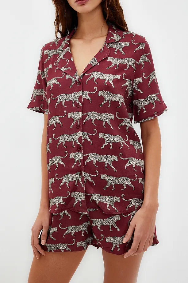 Burgundy Patterned Viscose Woven Pajama Set with Shorts