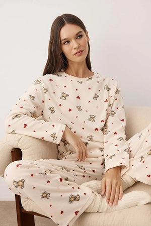 Offwhite Teddy Bear and Heart Patterned Winter Fleece Knit Pajama Set
