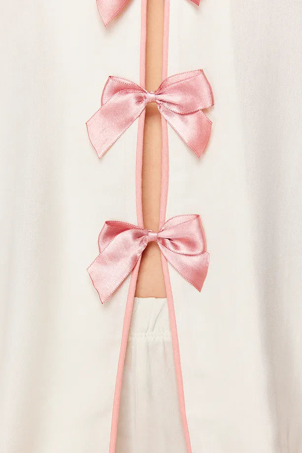 White Ribbon/Bow and Piping Detailed Viscose Shorts and Woven Pajama Set