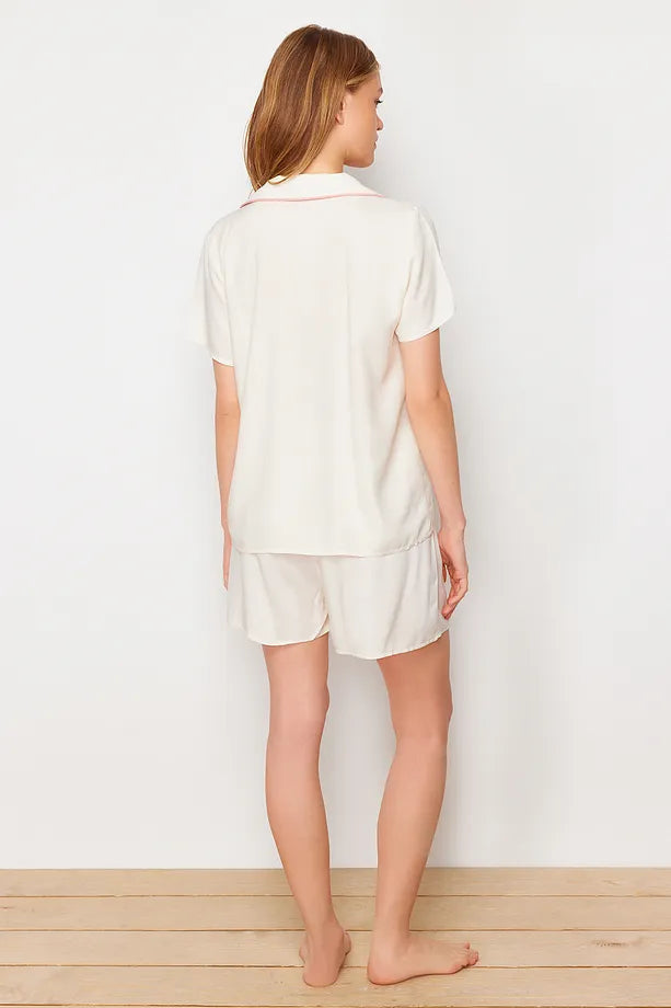 White Ribbon/Bow and Piping Detailed Viscose Shorts and Woven Pajama Set