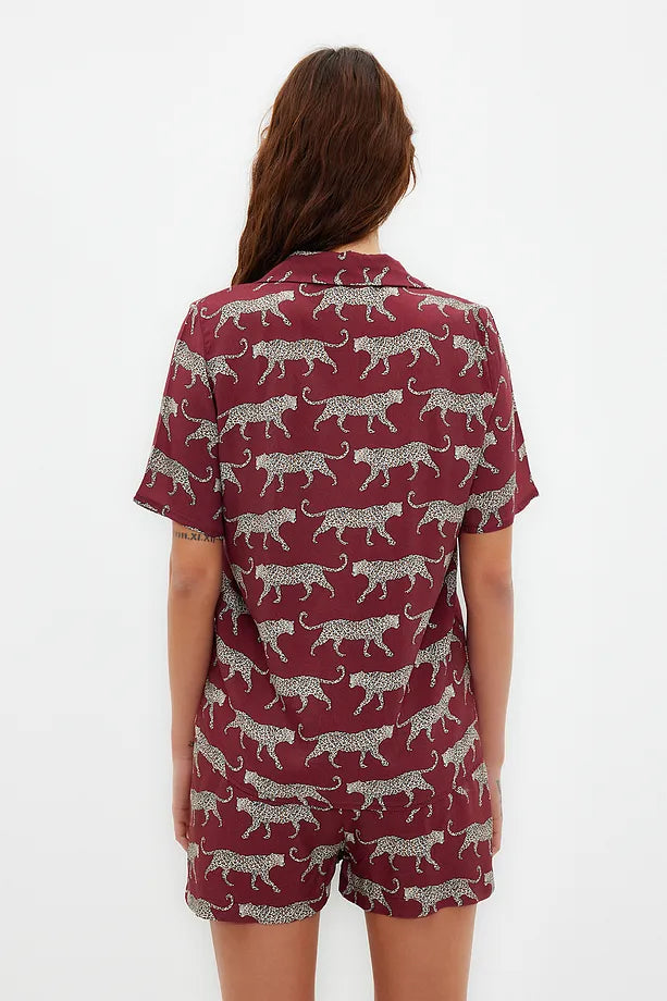 Burgundy Patterned Viscose Woven Pajama Set with Shorts