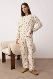 Offwhite Teddy Bear and Heart Patterned Winter Fleece Knit Pajama Set