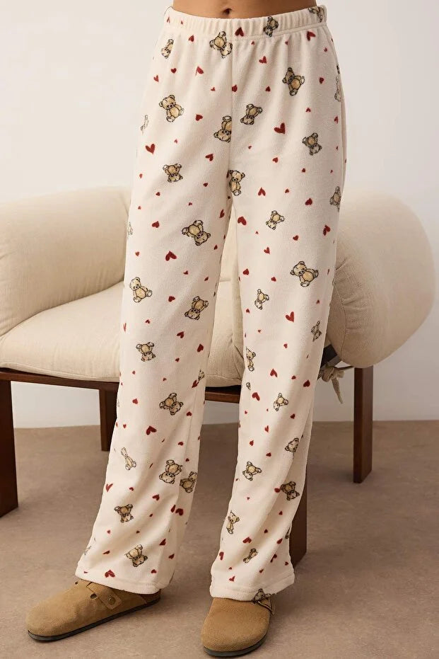 Offwhite Teddy Bear and Heart Patterned Winter Fleece Knit Pajama Set