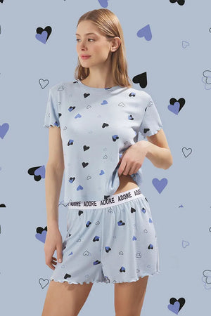 Blue Heart Slogan Printed Elastic Ribbed Shorts and Knitted Pajama Set