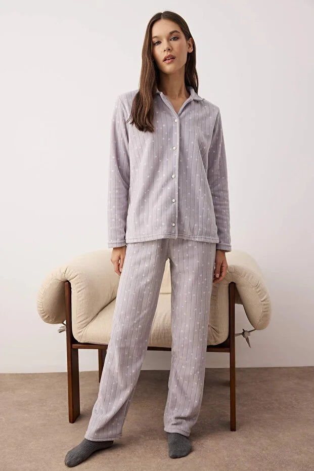 Gray Galaxy Pattern Winter Fleece Knit Pajama Set