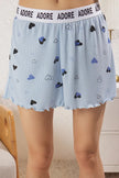 Blue Heart Slogan Printed Elastic Ribbed Shorts and Knitted Pajama Set