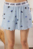 Blue Heart Slogan Printed Elastic Ribbed Shorts and Knitted Pajama Set