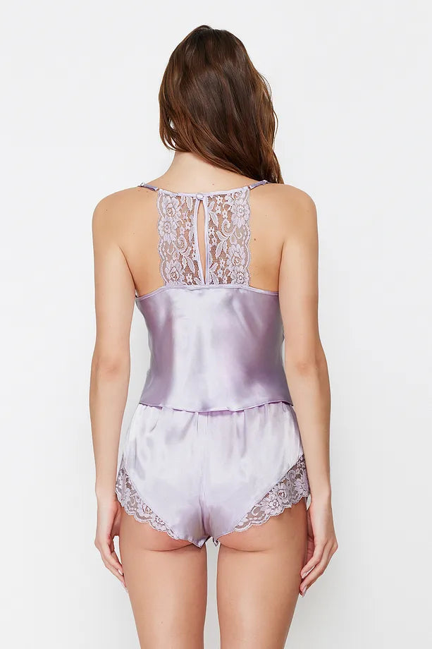 Lilac Lace Rope Strap Woven Pajama Set with Satin Shorts