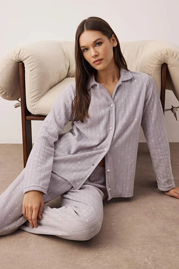 Gray Galaxy Pattern Winter Fleece Knit Pajama Set