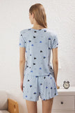 Blue Heart Slogan Printed Elastic Ribbed Shorts and Knitted Pajama Set