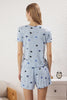 Blue Heart Slogan Printed Elastic Ribbed Shorts and Knitted Pajama Set