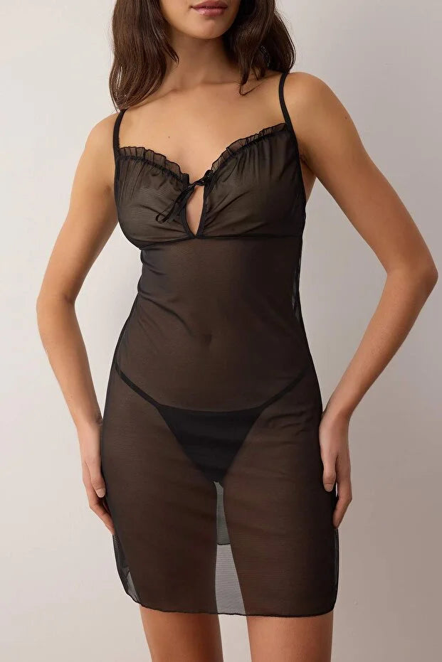 Black Tulle Gathered Detailed Knitted Babydoll/Fantasy Nightgown