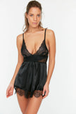 Black Satin Lace Rope Strap Knitted Babydoll