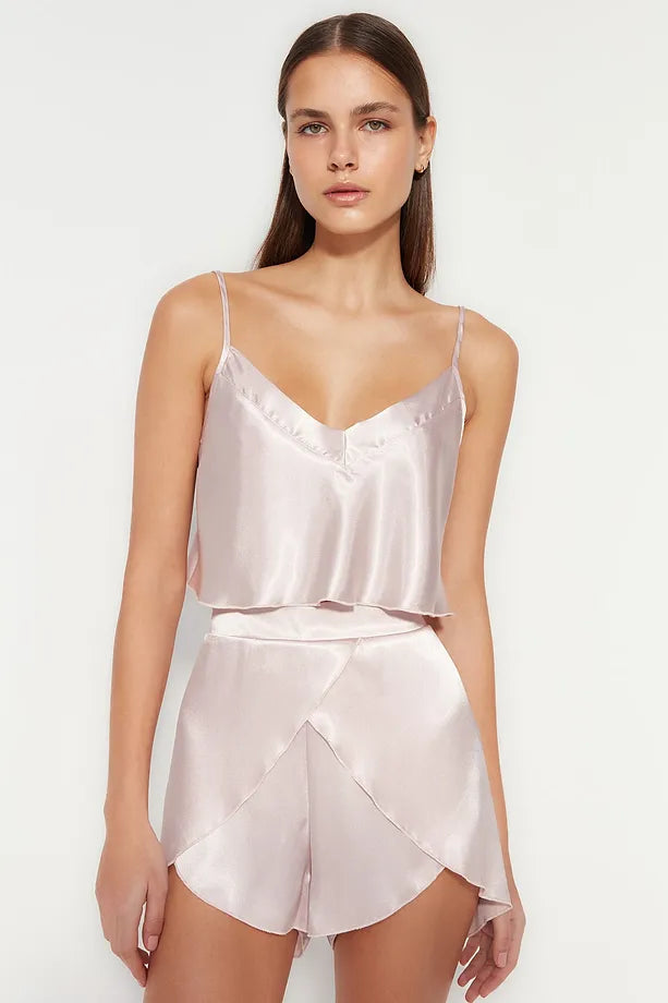 Powder Satin Rope Suspender Woven Pajama Set with Shorts