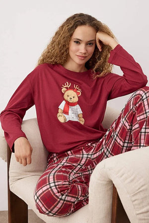 Burgundy  Christmas-Themed Plaid Knitted Pajama Set
