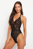 Black Lace Knit Bodysuit with Strappy Straps and Snaps